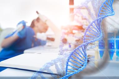 dna helix overlayed on a photo of a scientist in a lab