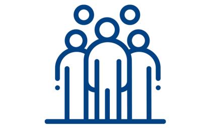 blue icon of three people standing together
