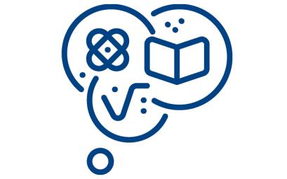 blue icon with three bubbles containing an atom, a book and an equation respectively